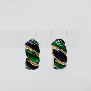 David Hill Clip-On Earrings Twisted Yellow Gold Tone with Green & Blue Enamel